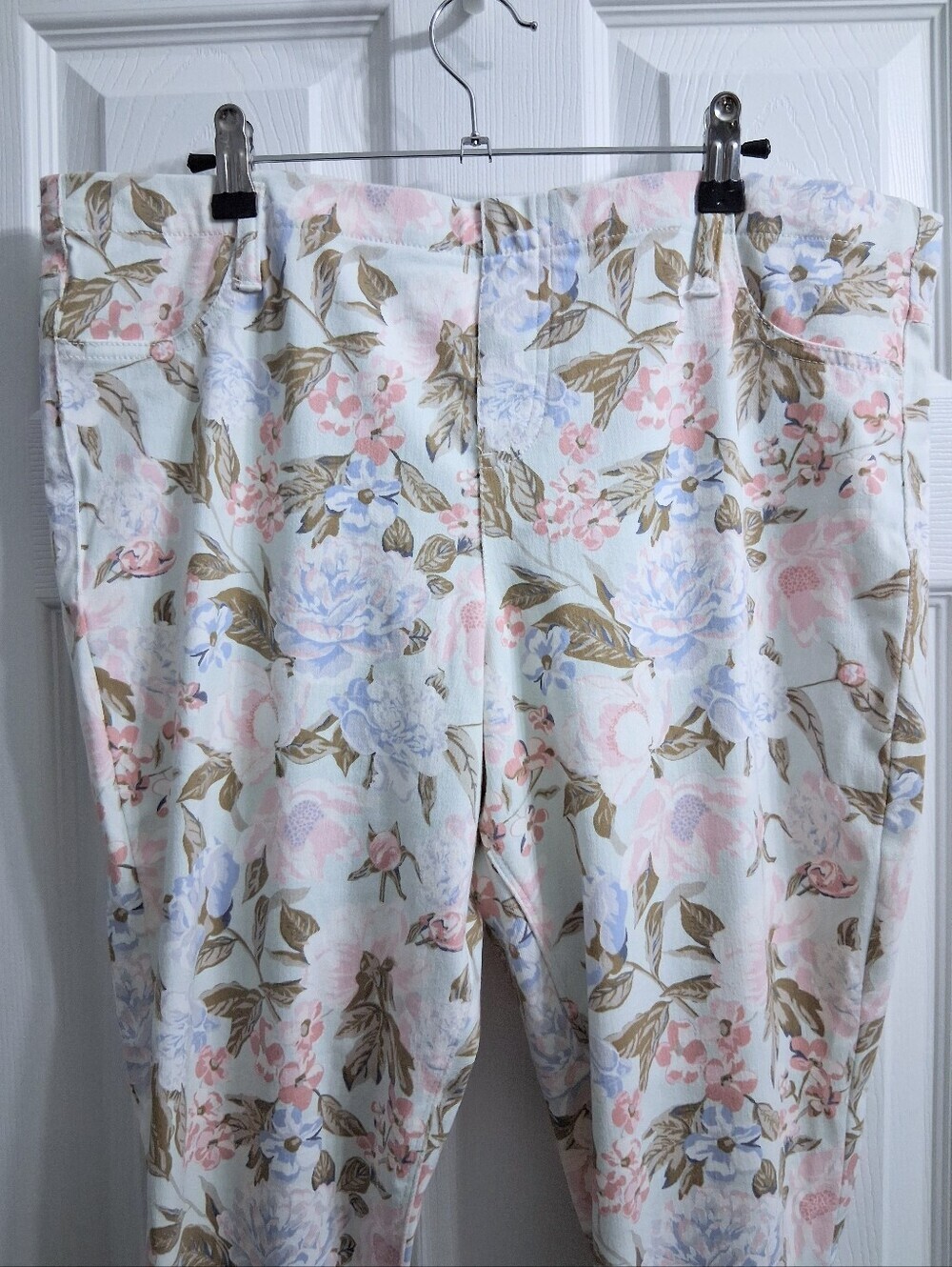 Mixit Floral Stretch Pants Pastel Flowers On White Pink Blue Botanical XL - Picture 3 of 16